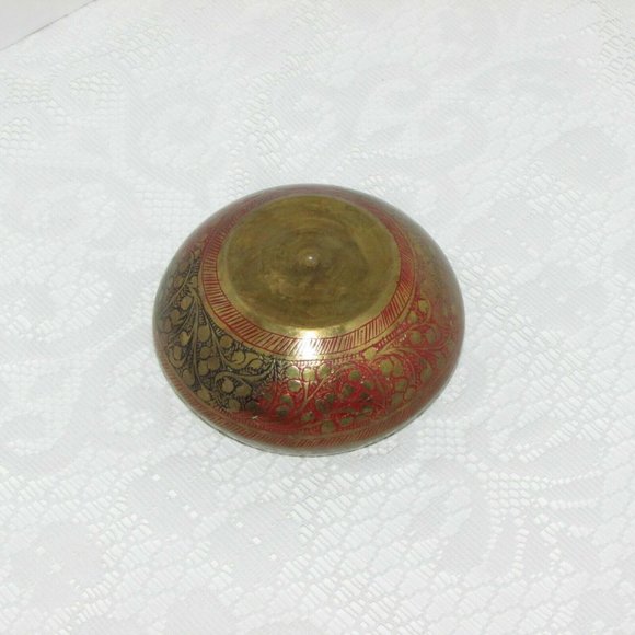 Vintage Etched Brass Low Vase Boho Planter Red Black Enamel 4" Decorative - Picture 3 of 6